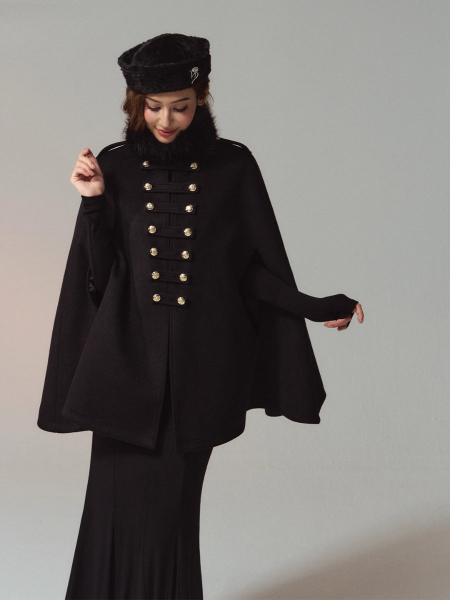 Layered Stand-Collar Double-Breasted Long Cape Coat