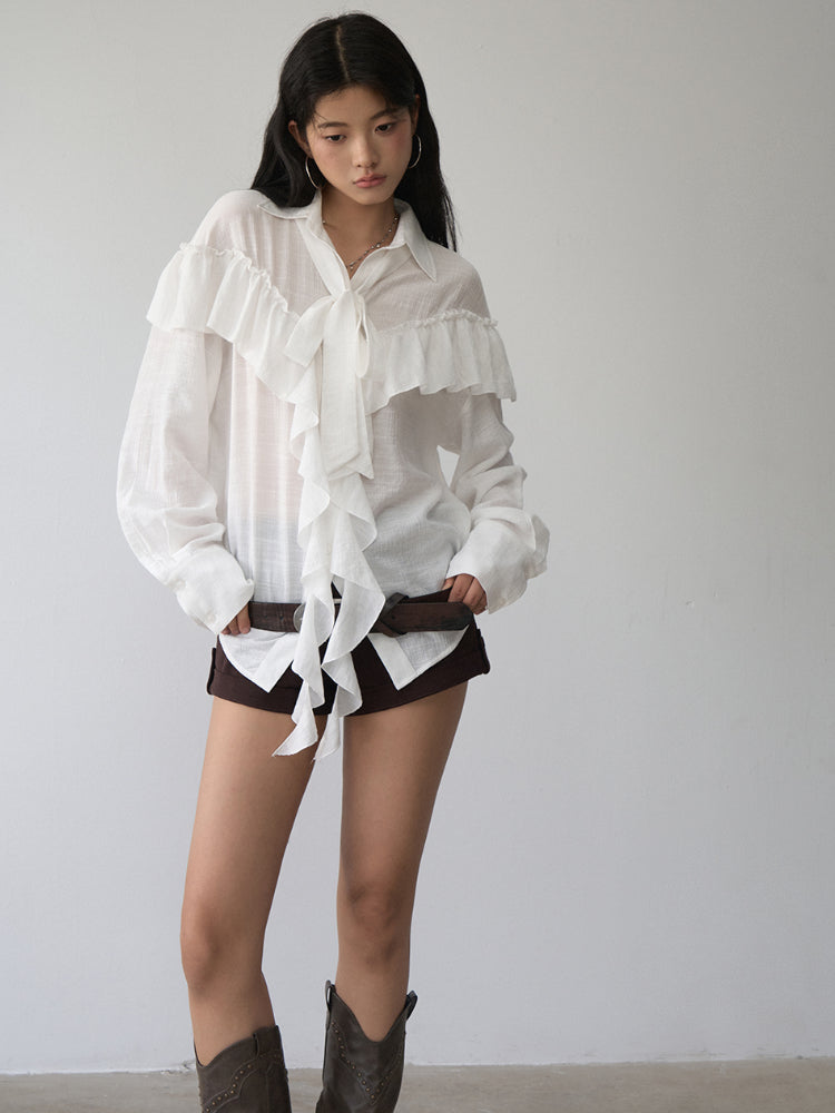 White Ruffled Drawstring Long-Sleeve Shirt