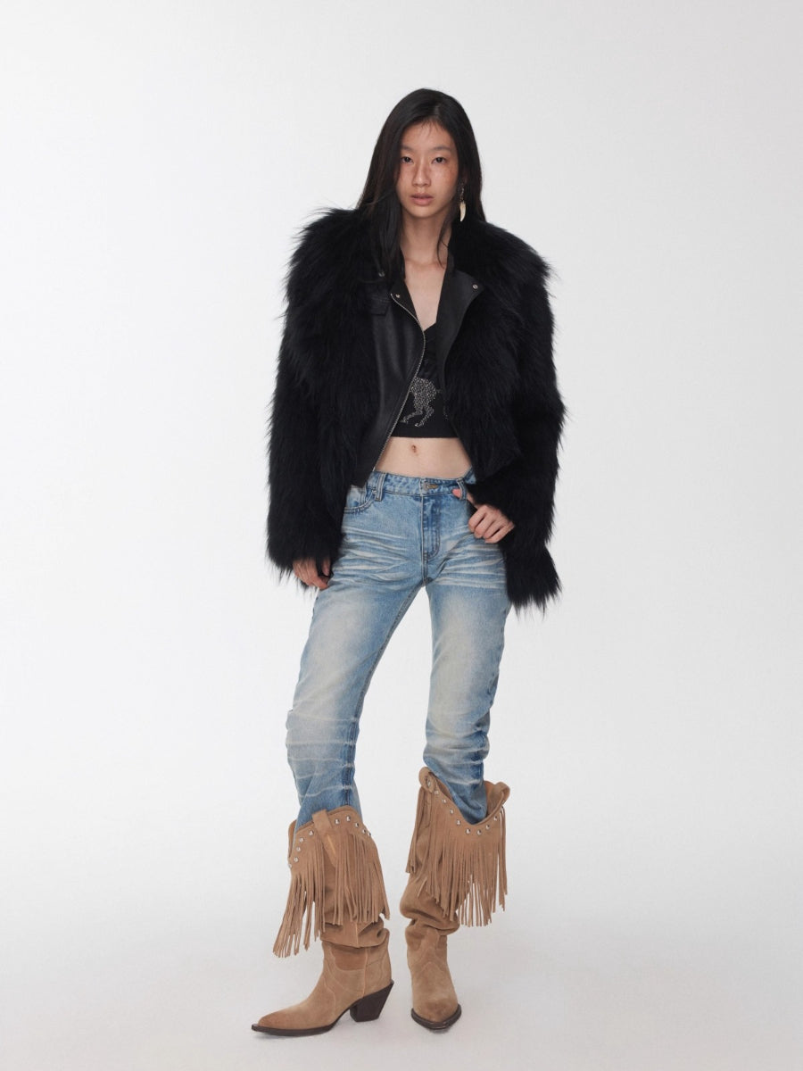 Vintage Pleated Washed Denim Curved Jeans