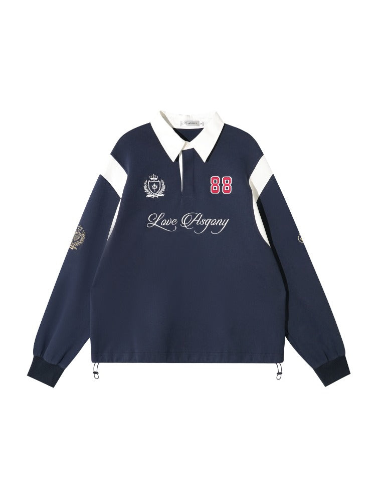 Contrast Collar Embroidered Drawstring Sweatshirt