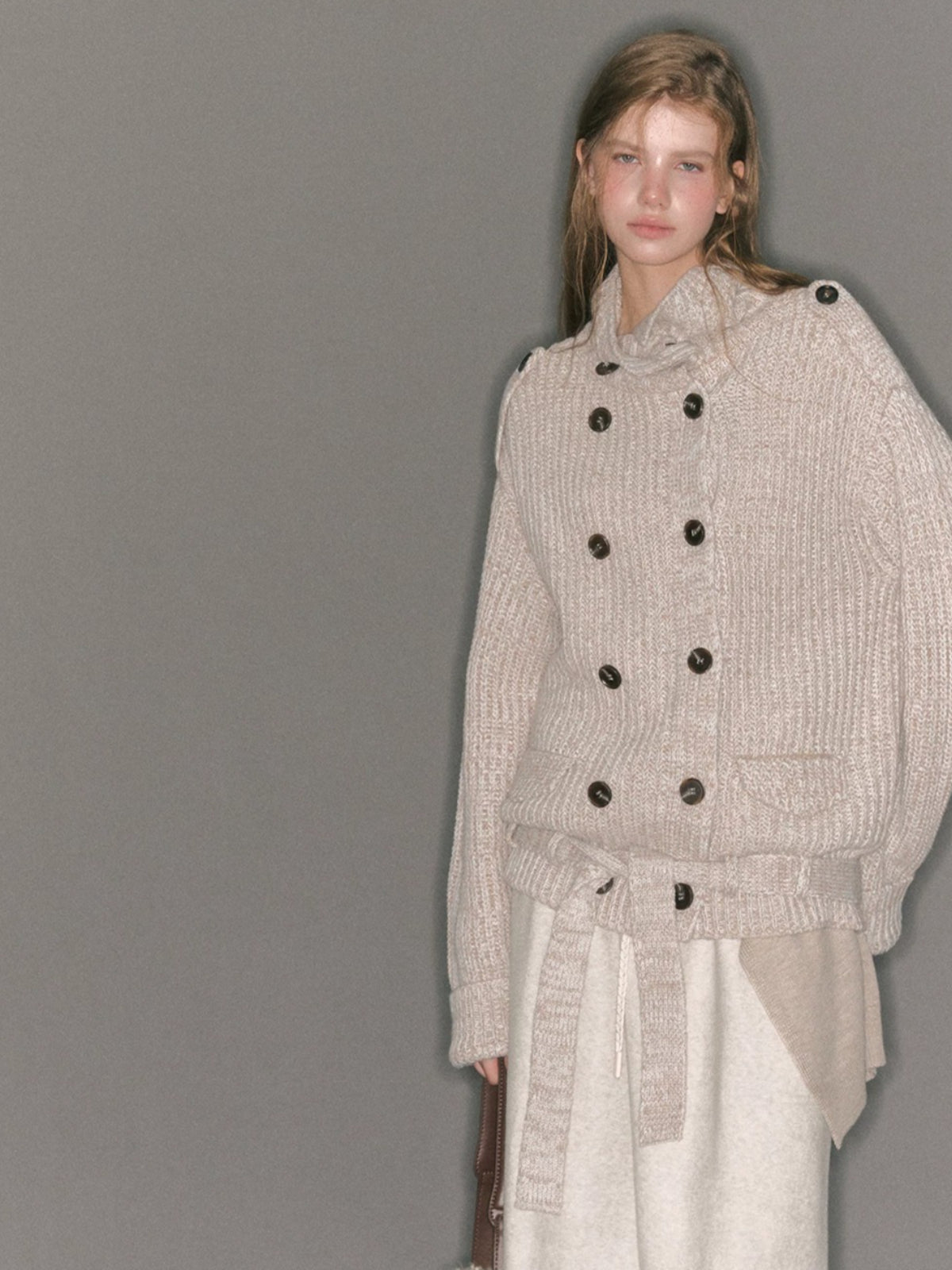 Double-Breasted Turtleneck Knit Cardigan