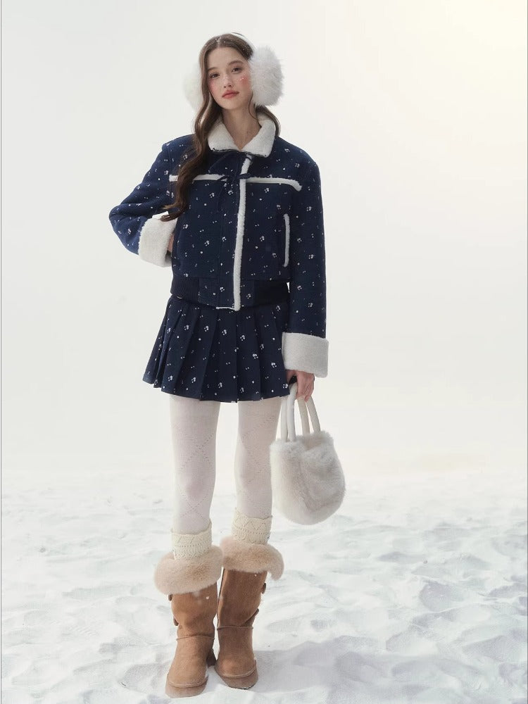Floral Corduroy Shearling Jacket & Skirt Set