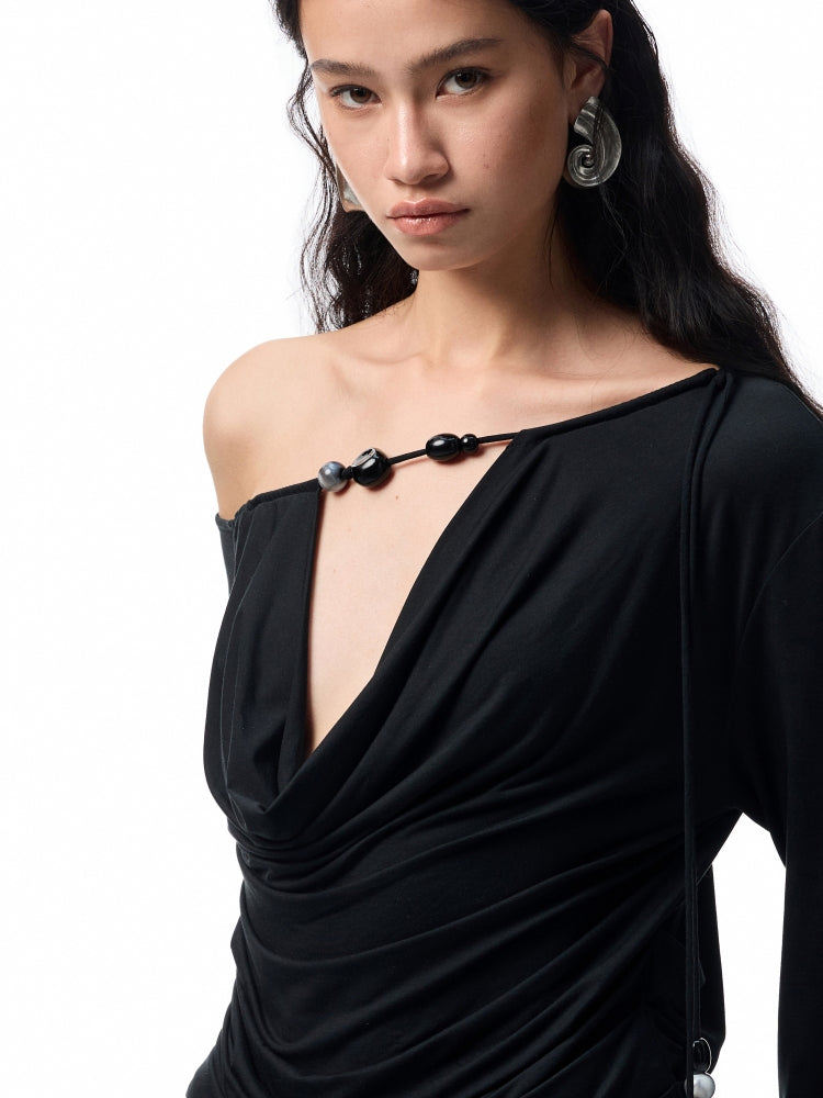 Beaded Cowl Neck Off-shoulder Long-sleeve Tunic