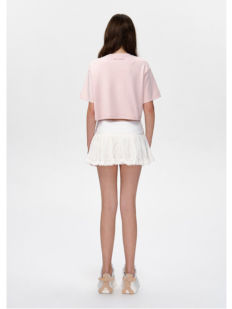 Applique Embroidery Gathered Short-Sleeve T-Shirt