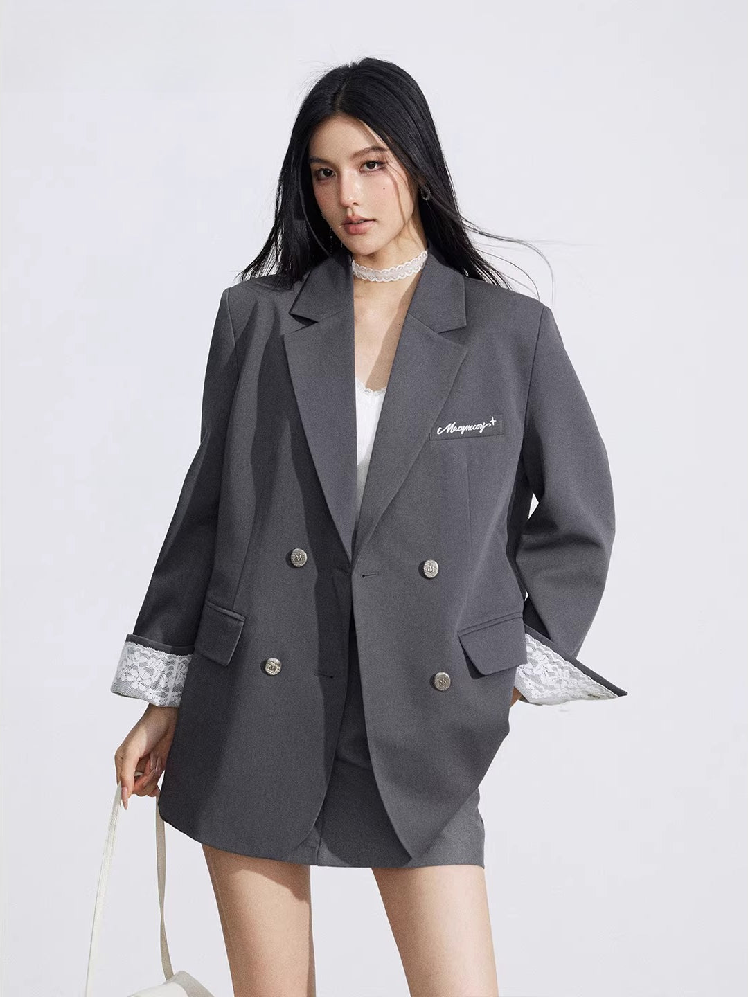Black & Gray Lace Panel Blazer