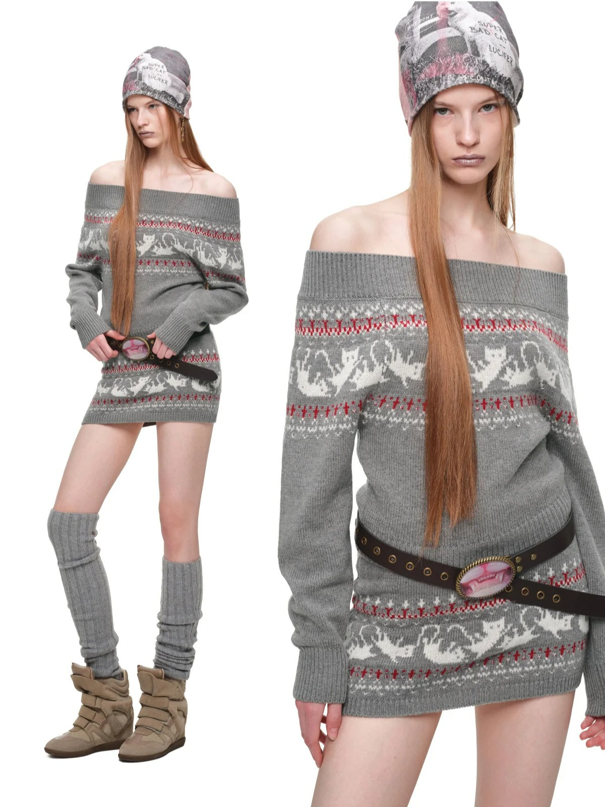 Fair Isle Cat Off-Shoulder Sweater