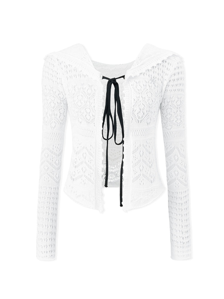 Hooded Hollow-Out Lightweight Cardigan
