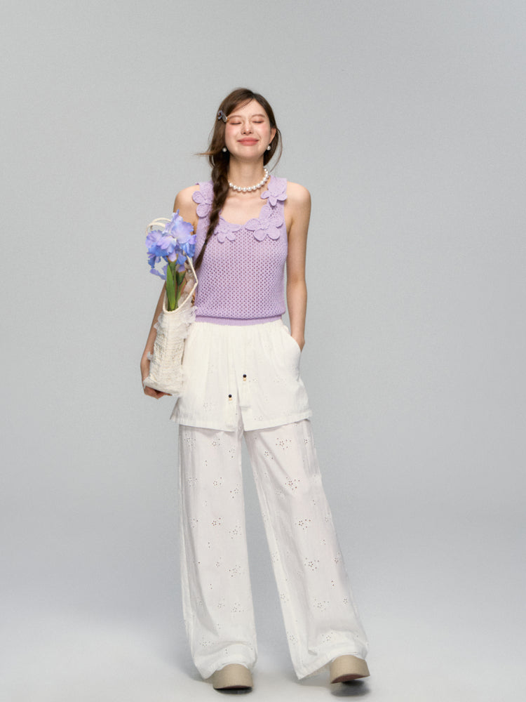 Hollow-Out Fauk Two Piece High-Waist Pants