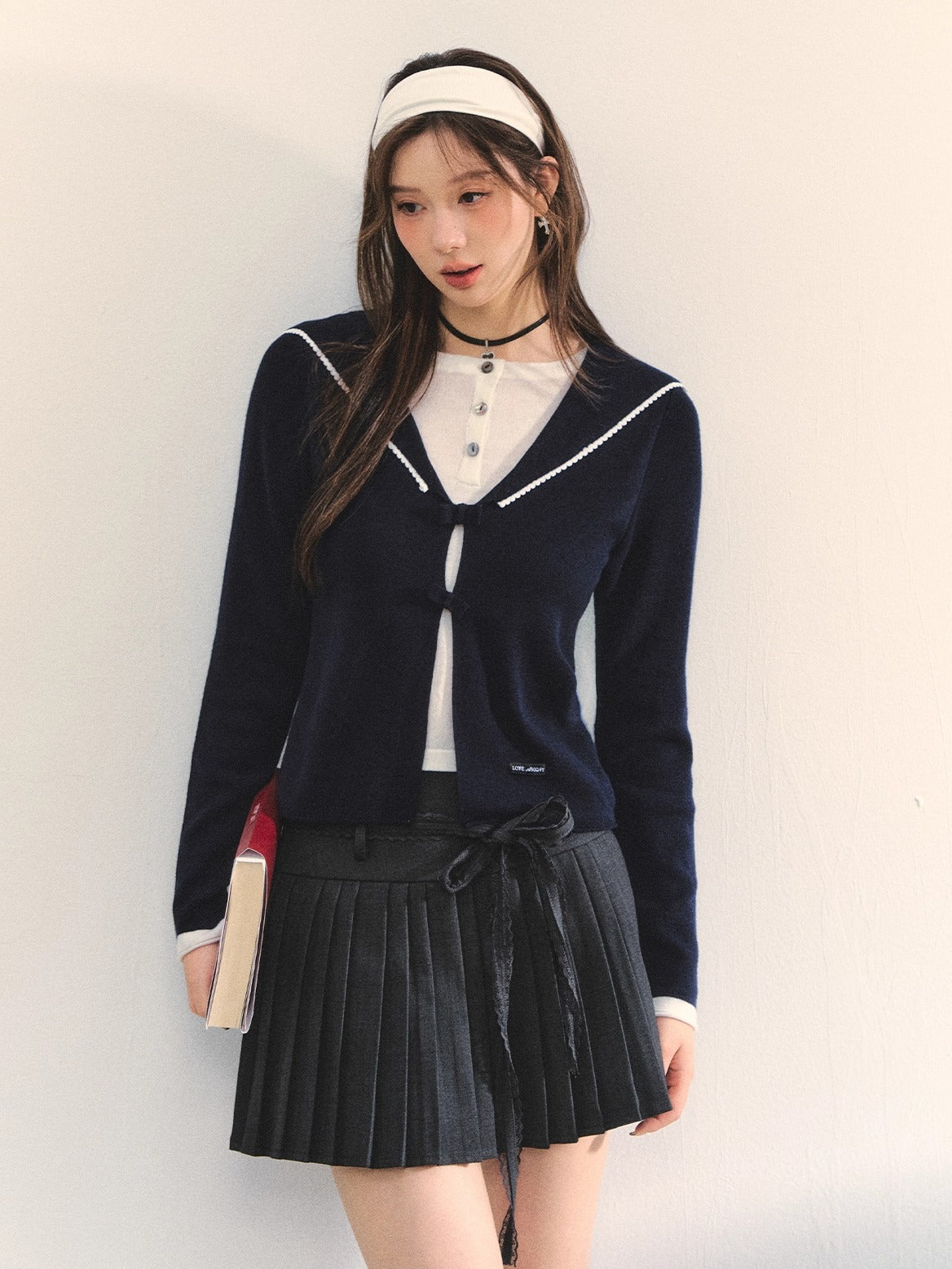 Navy Blue & Gray Sailor-Bow Knit Cardigan