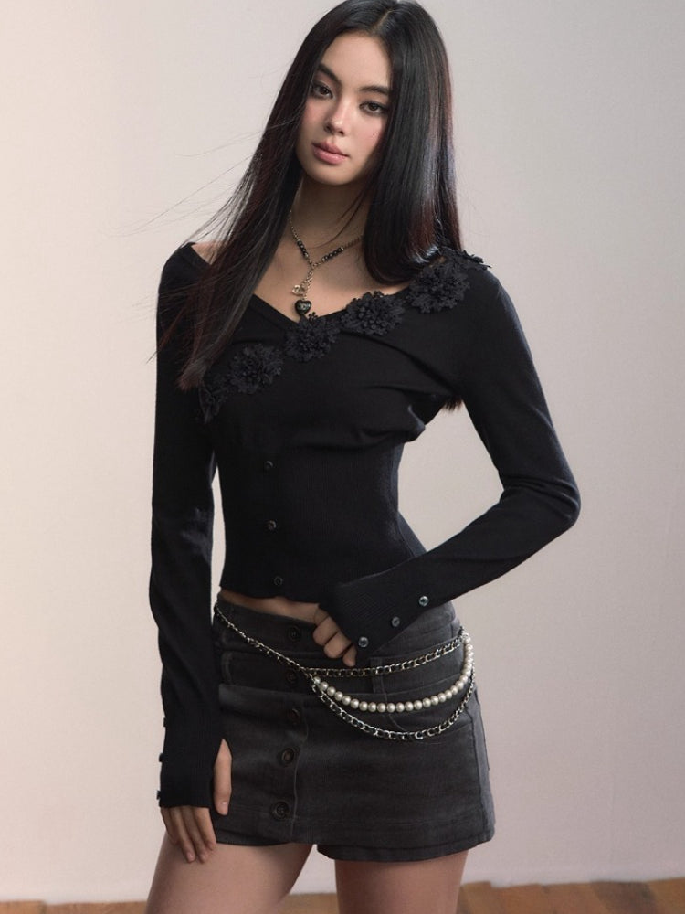 3D Floral Ribbed Waist-Fit T-shirt