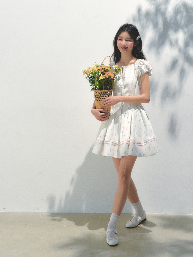 Puff Sleeve Printed Waist - cinching Dress