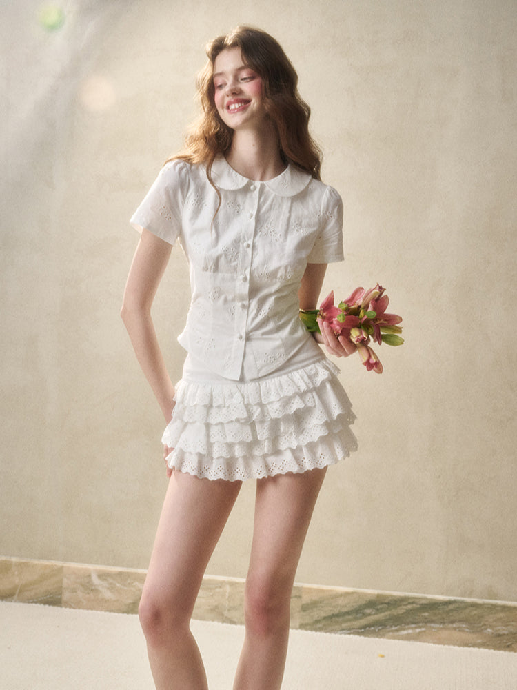 Embroidered Lace Waist Shirt & Skirt Set