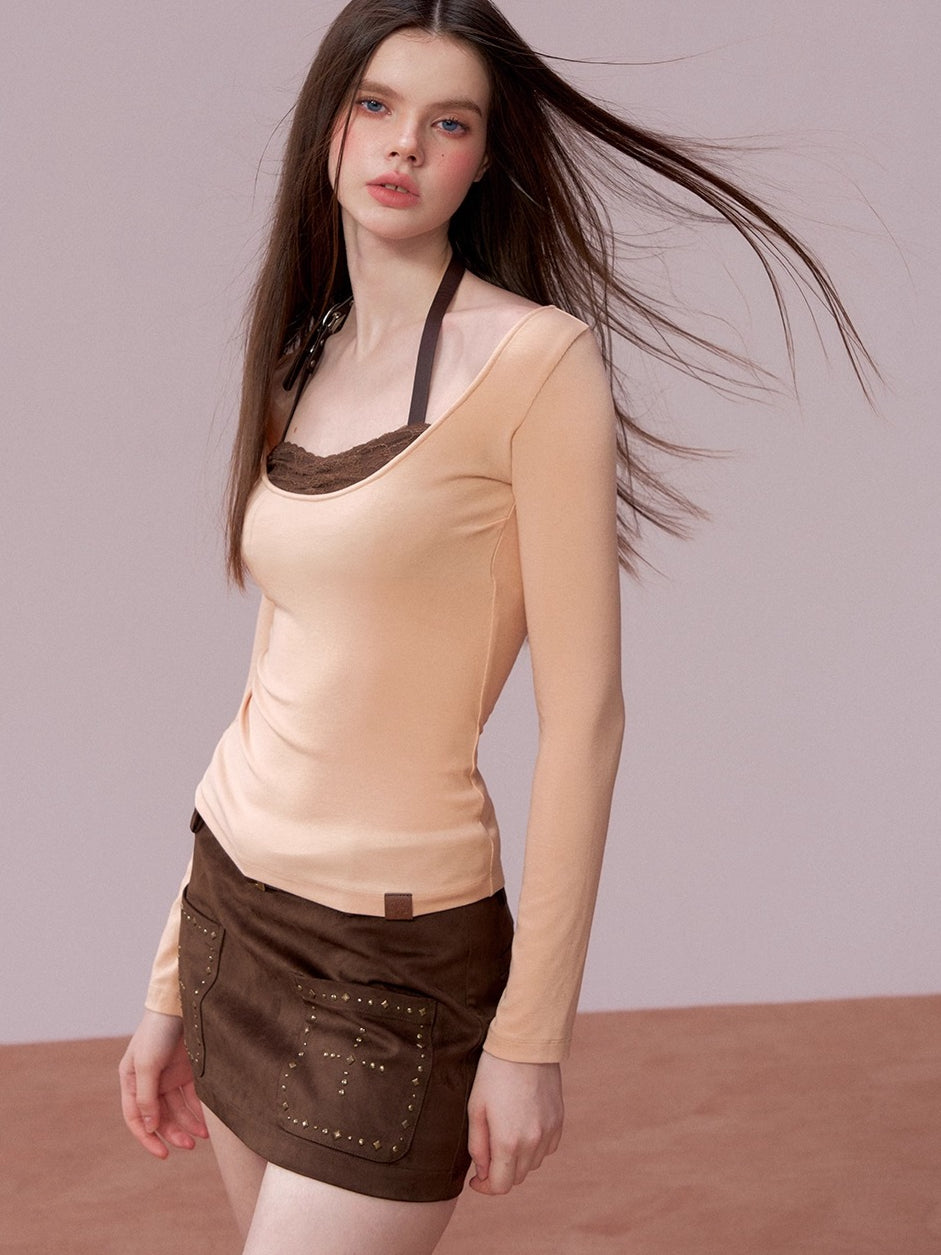 Lace-Panel Contrast Knit Top