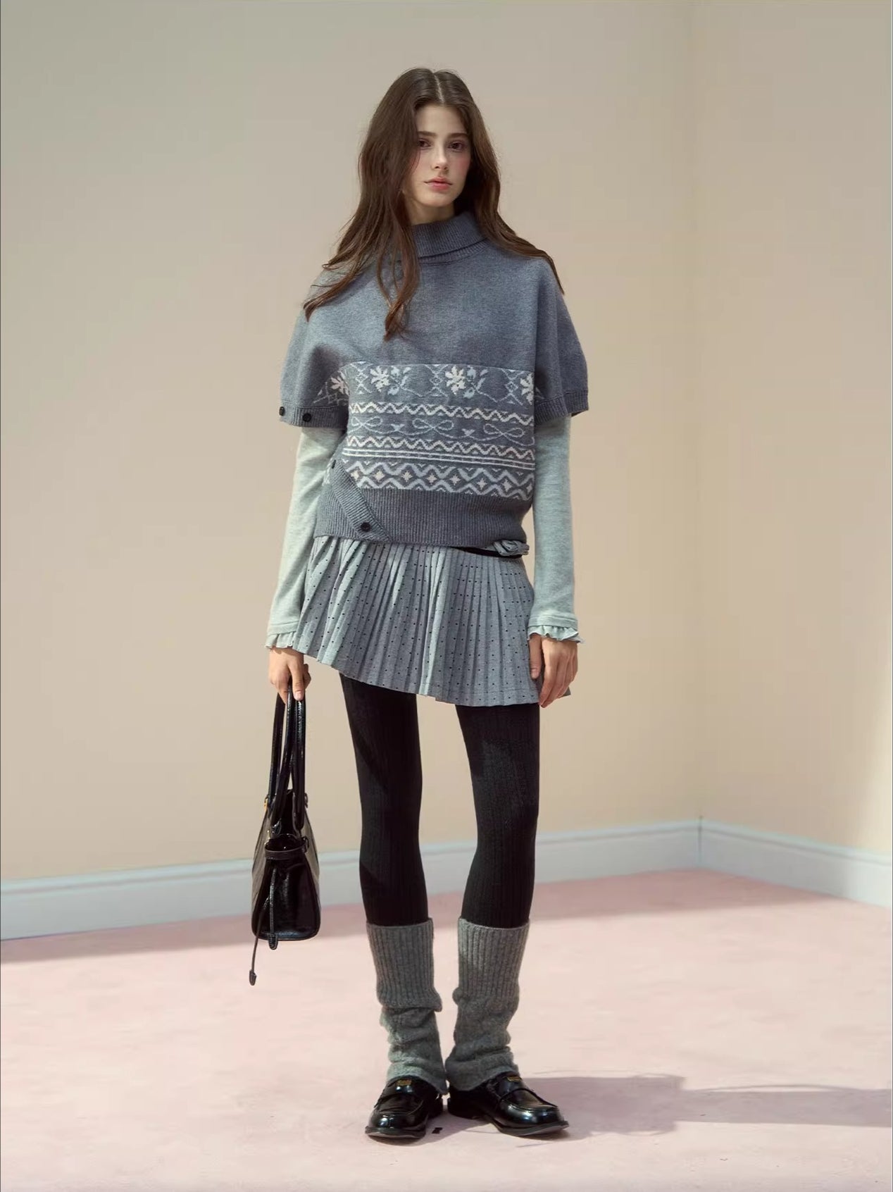 Beige & Gray Fair-Isle Cape Sweater