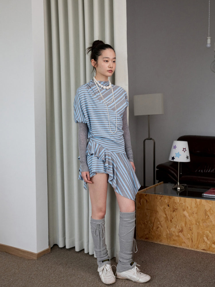 Blue-Gray Striped Irregular Patchwork Dress