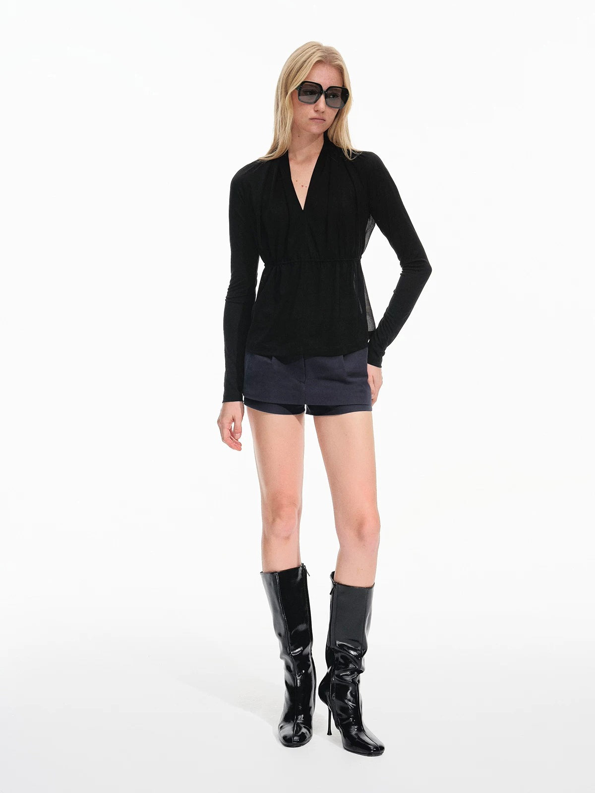 Sheer V-Neck Drawstring Waist Top