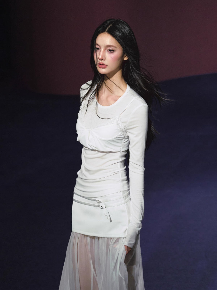 Lyocell Fake Two-piece Sheer Blouse & Skirt Set