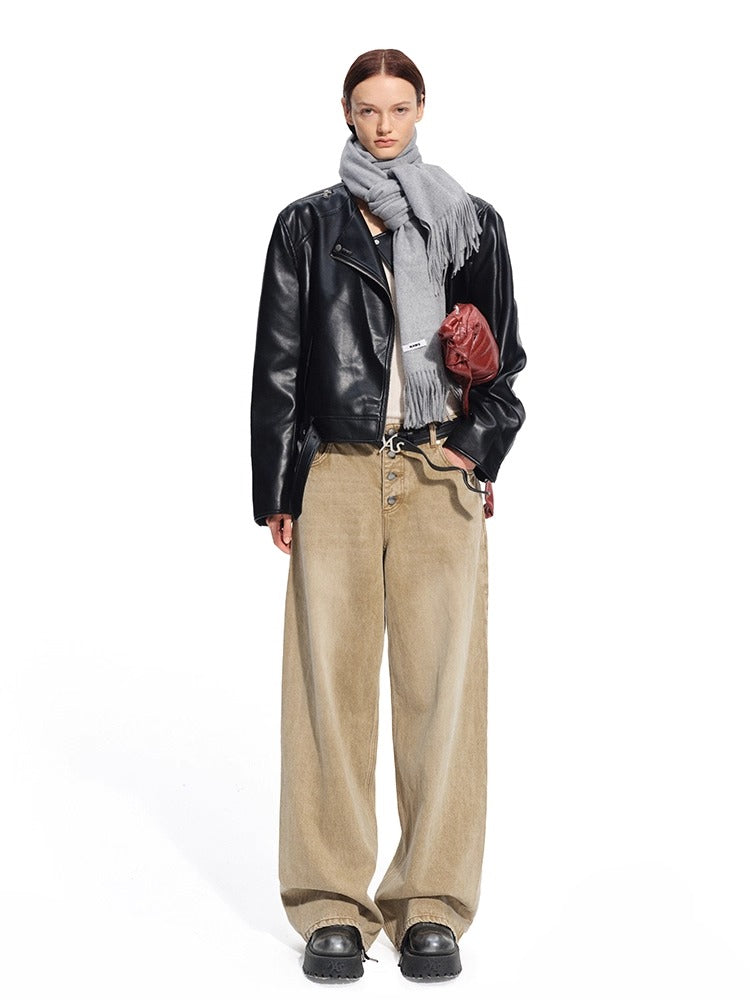 "Dejembe Series"Satin-Finish PU Leather Moto Jacket