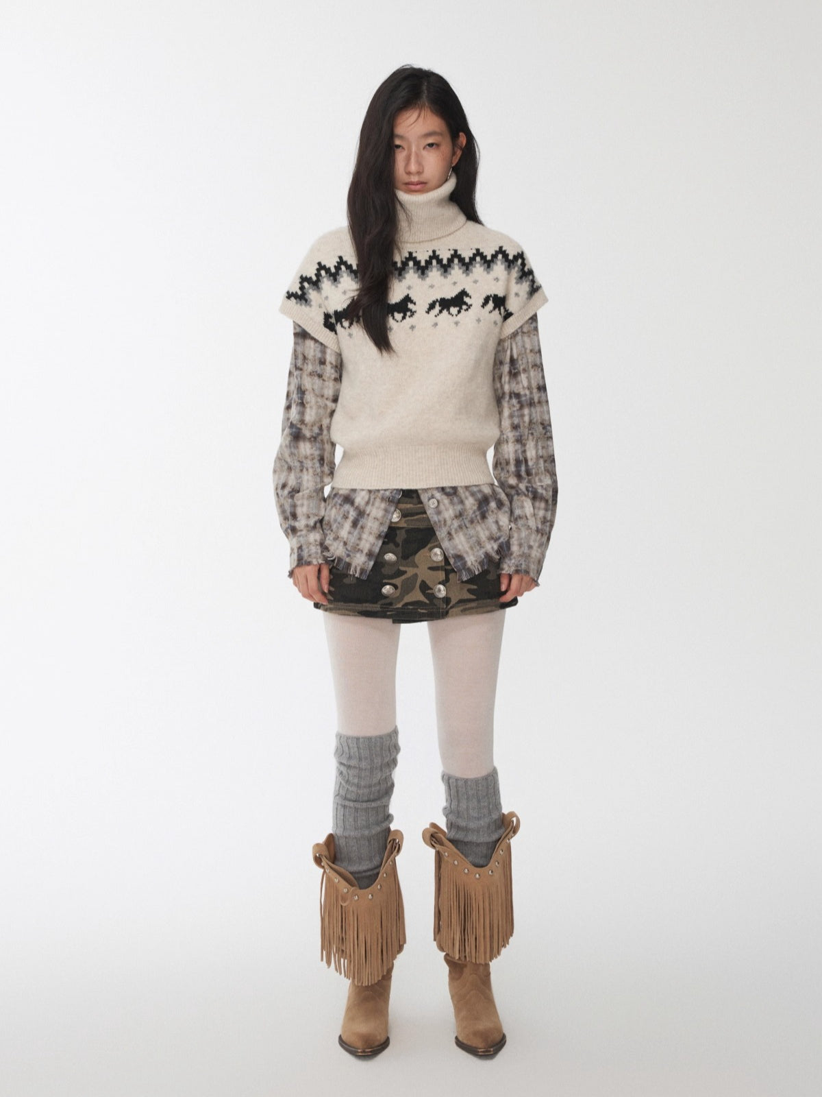 Fair Isle Pony Jacquard Turtleneck Knit Sweater