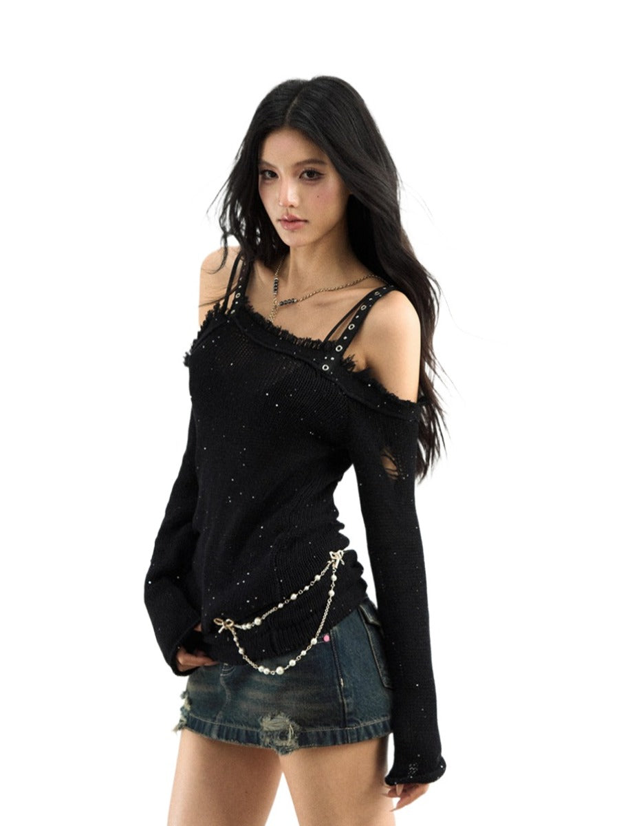 Distressed Off-Shoulder Knit Top