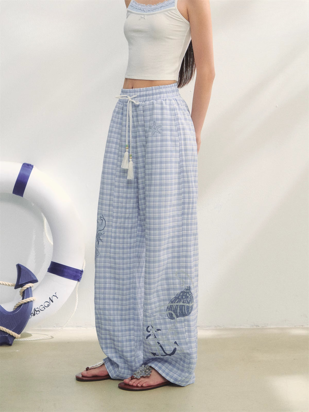Checkered Print High-Waist Tie Pants