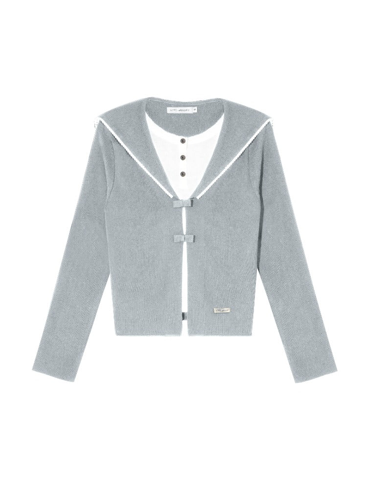 Navy Blue & Gray Sailor-Bow Knit Cardigan