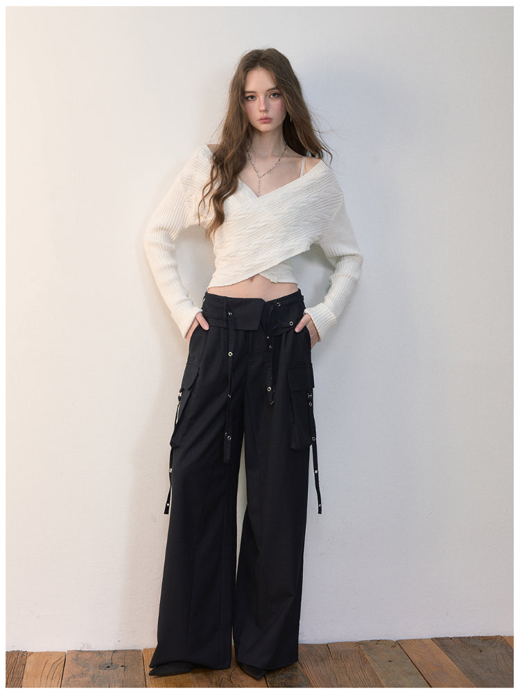 Folded Waist Three-Dimensional Pocket Casual Pants