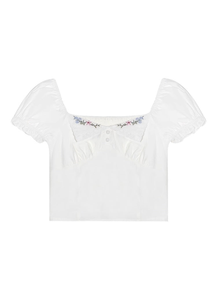 White Square Neck Embroidered Puff Sleeve Shirt