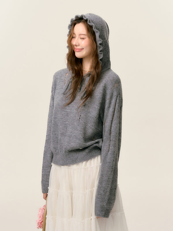 Ruffle‑Trim Hooded Pullover Sweater