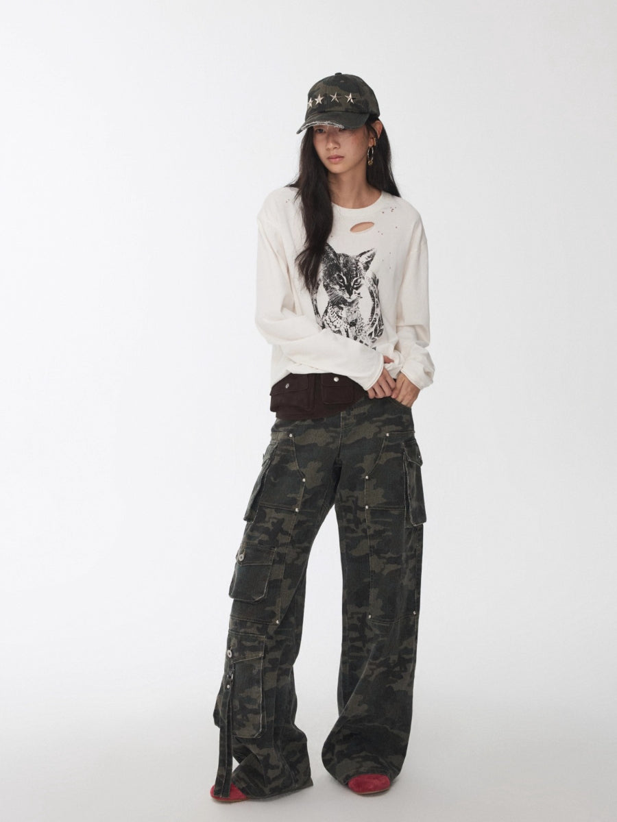 Washed Camo Multi-Pocket Cargo Wide-Leg Pants