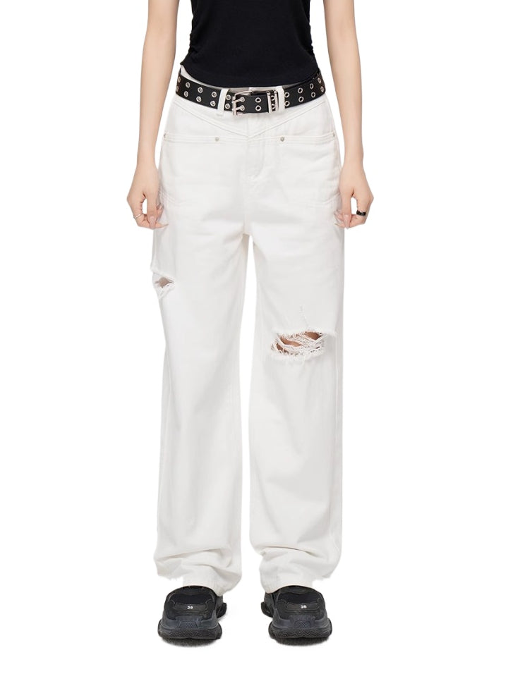 Ripped Denim Wide-Leg Pants