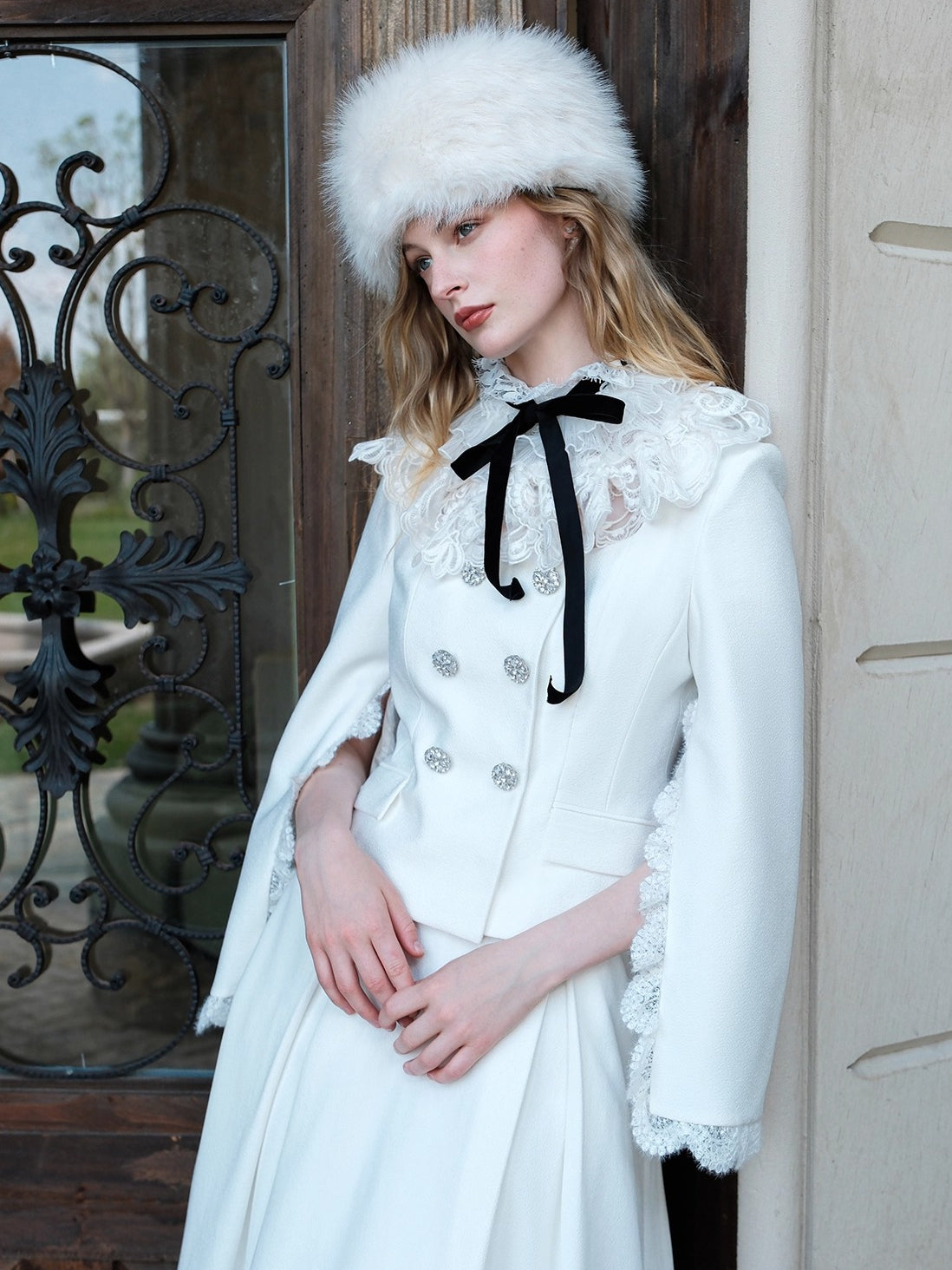 Mirage Vintage Lace-Collar Blazer & Flared Skirt Set