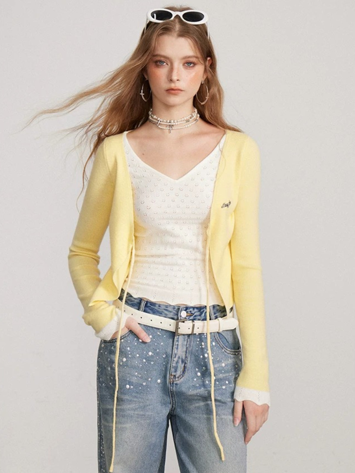 Layered V Neck Tie Knit Top