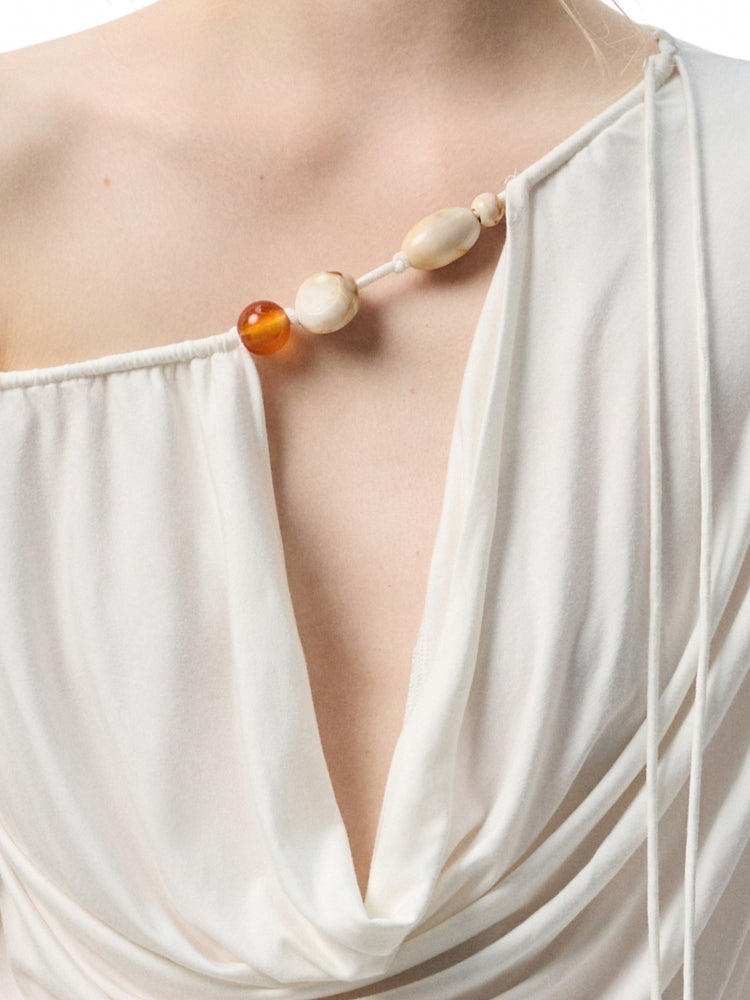 Beaded Cowl Neck Off-shoulder Long-sleeve Tunic