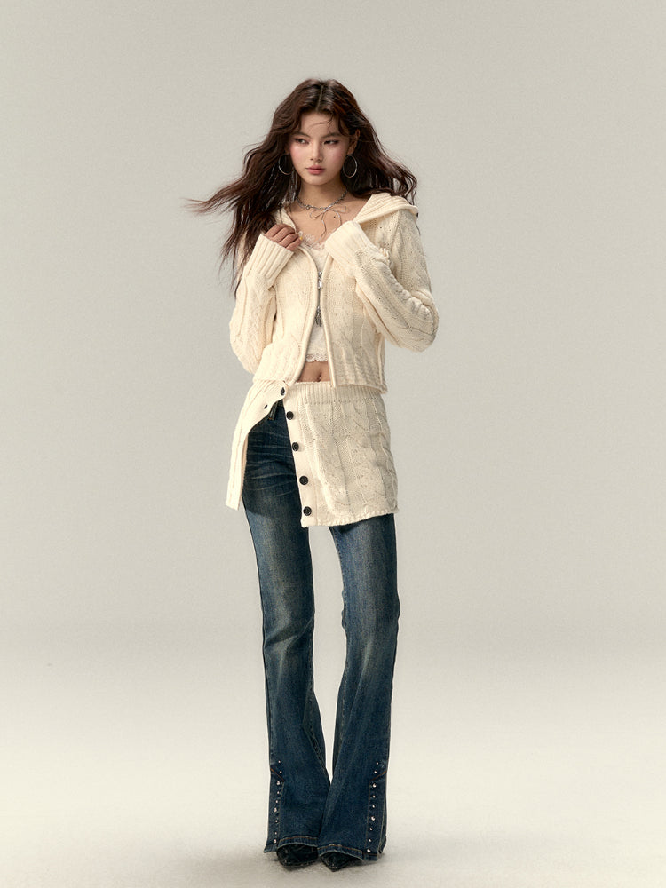 Black & Apricot Buttoned Knit Skirt