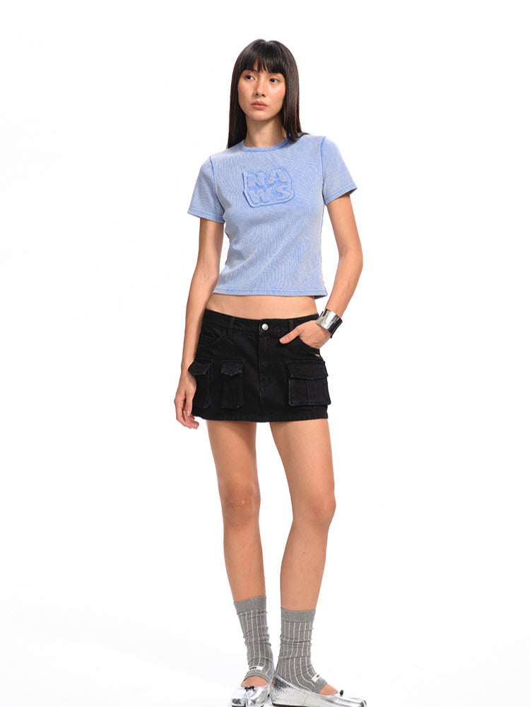 Applique Embroidery Washed Round - Neck Raw - Edge T - shirt