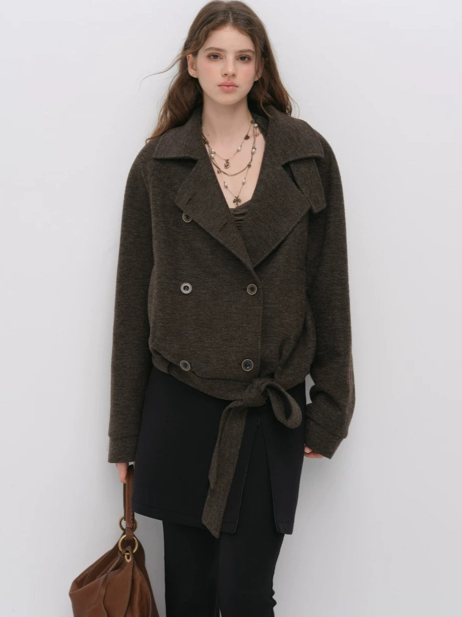 Cropped Wool-Blend Wrap Coat