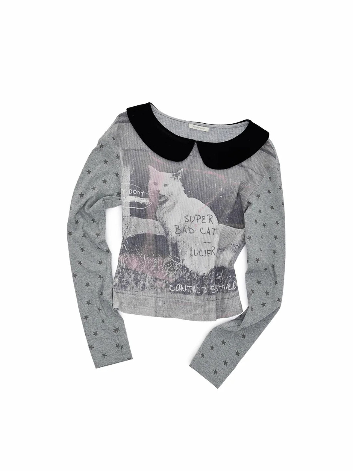 Cat Print Waffle Collar Top