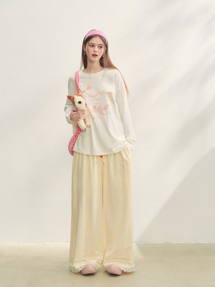 Crew Neck Dog Print Long-Sleeve Tee