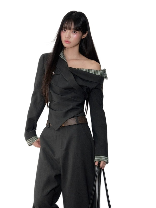 Asymmetric Shoulder Cropped Blazer & Pants Set