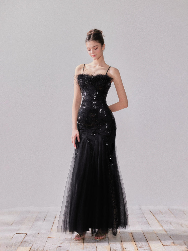 Sequin Mesh Fishtail Dress