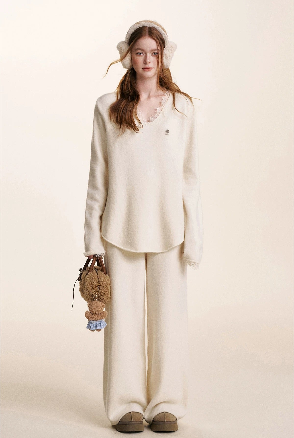 Cream V-Neck Knit Set
