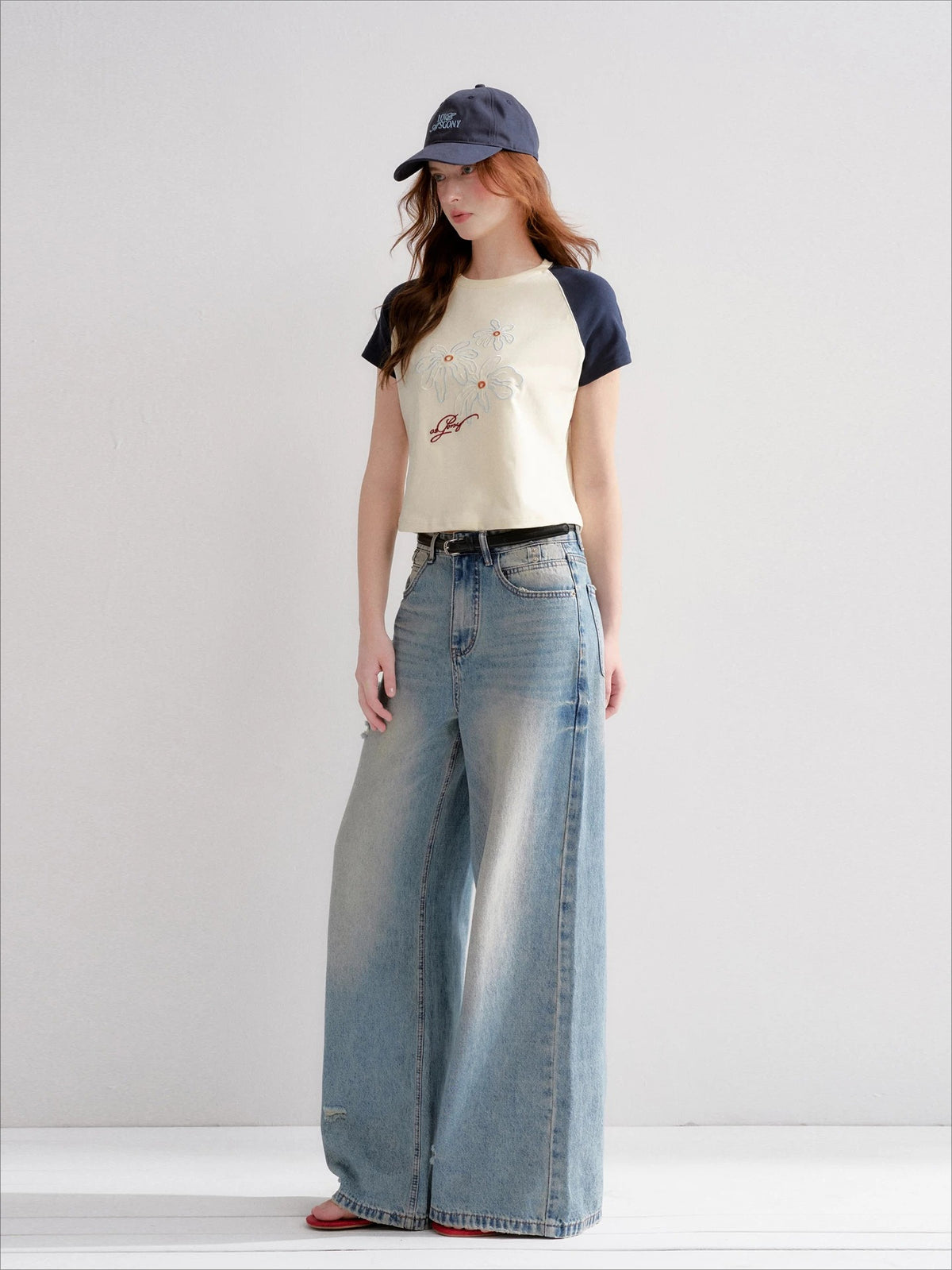 Washed Distressed Wide-Leg Jeans