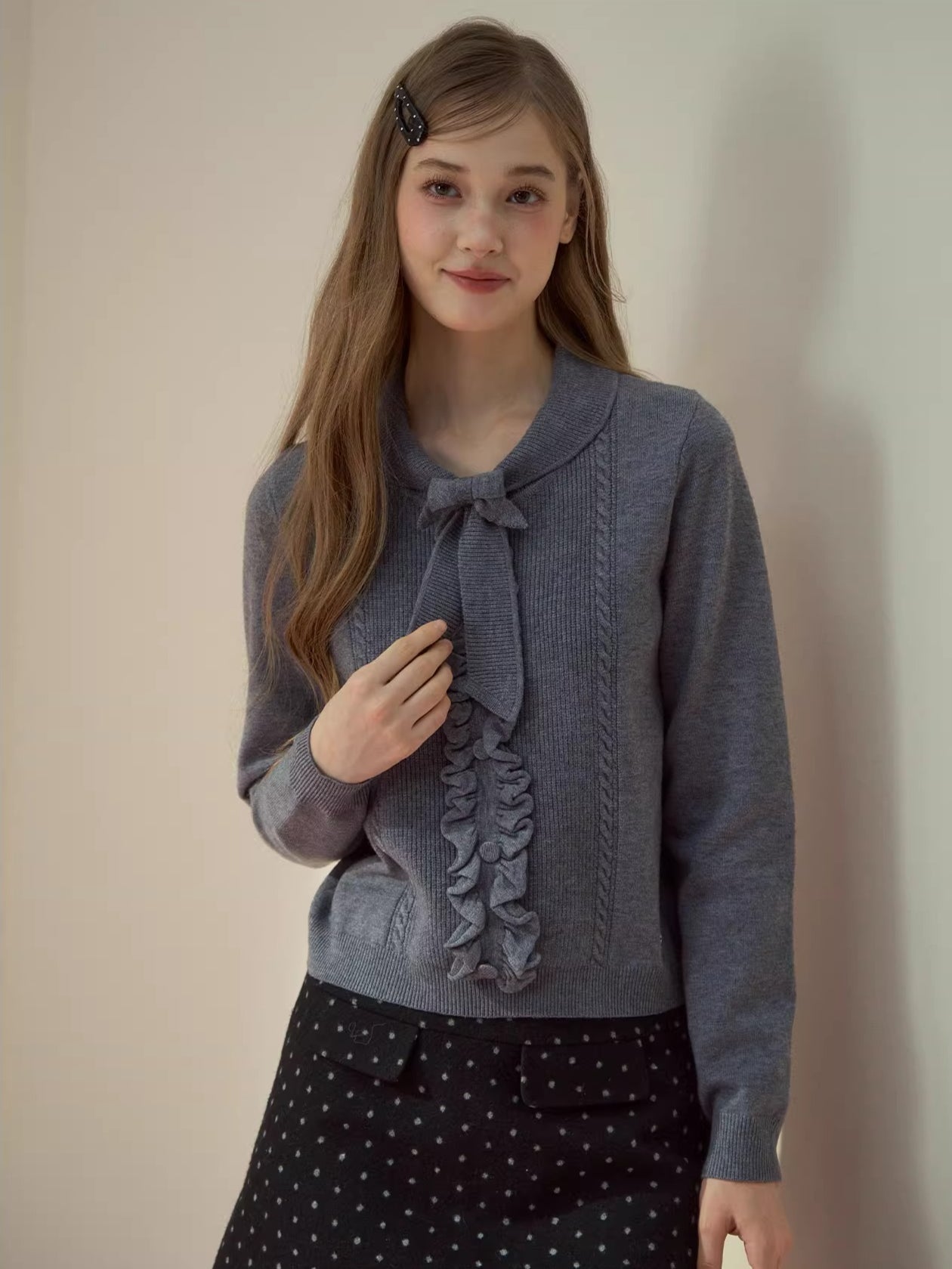 Ruffle-Tie Knit Peter-Pan Collar Sweater