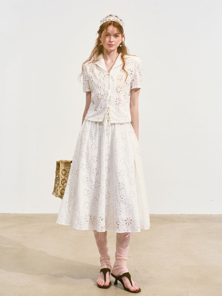 Hollow-out Flower Tie-up Short-Sleeve Top & Skirt Set