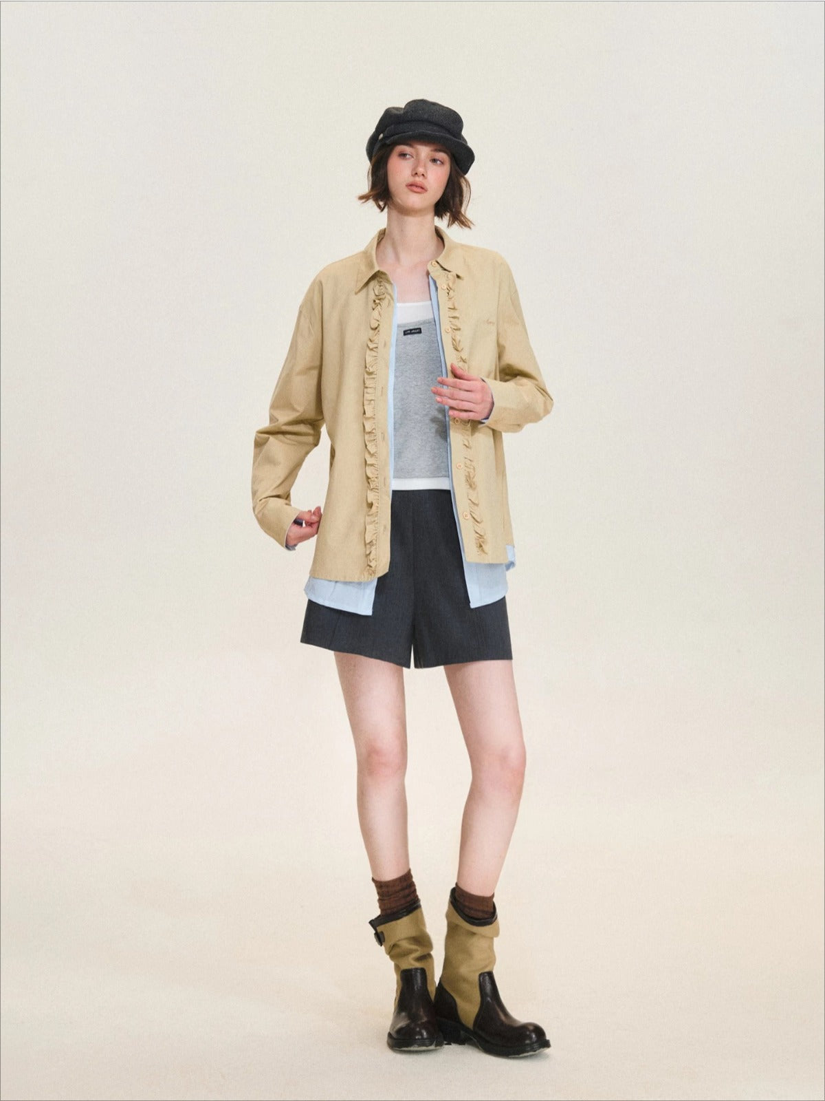 Contrast Layered Ruffle Cotton Shirt