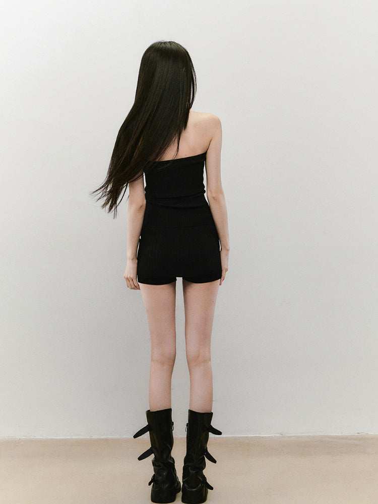 Contrast Color Knitted Bandeau Top & Shorts Set