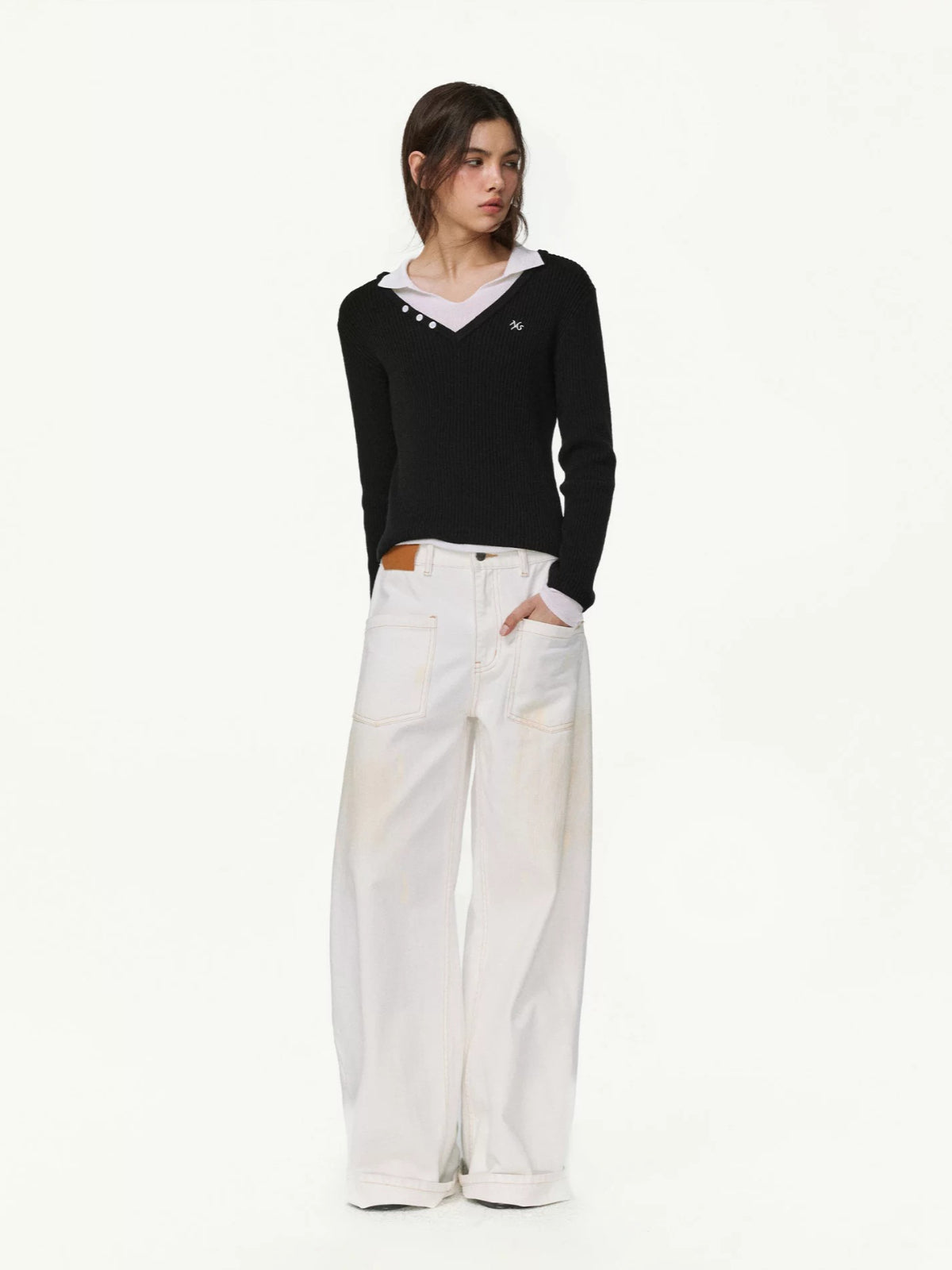 Contrast Layered V-Neck Wool Sweater