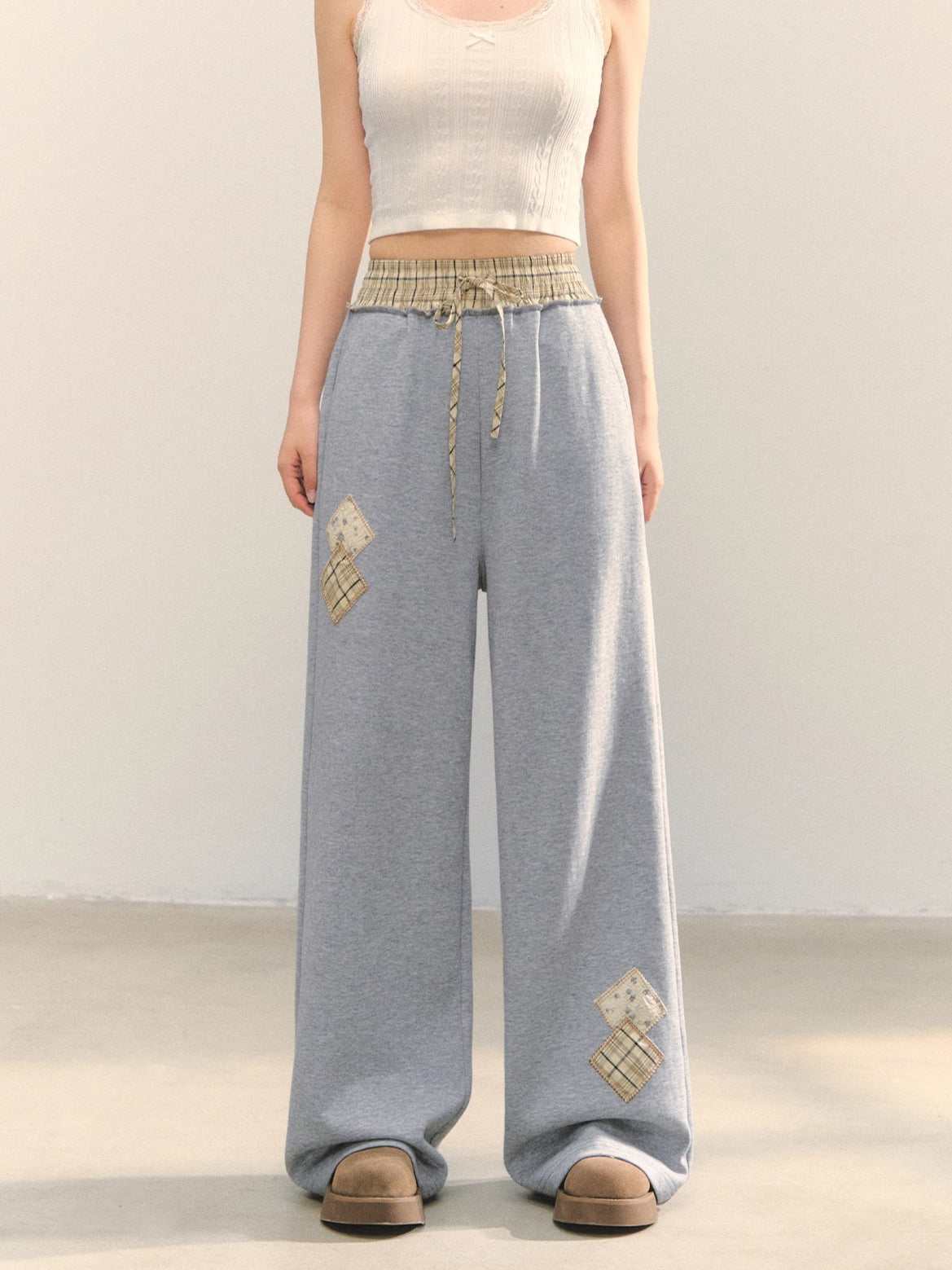 Gray Embroidered Zipper Hoodie& Checkered Pants Set