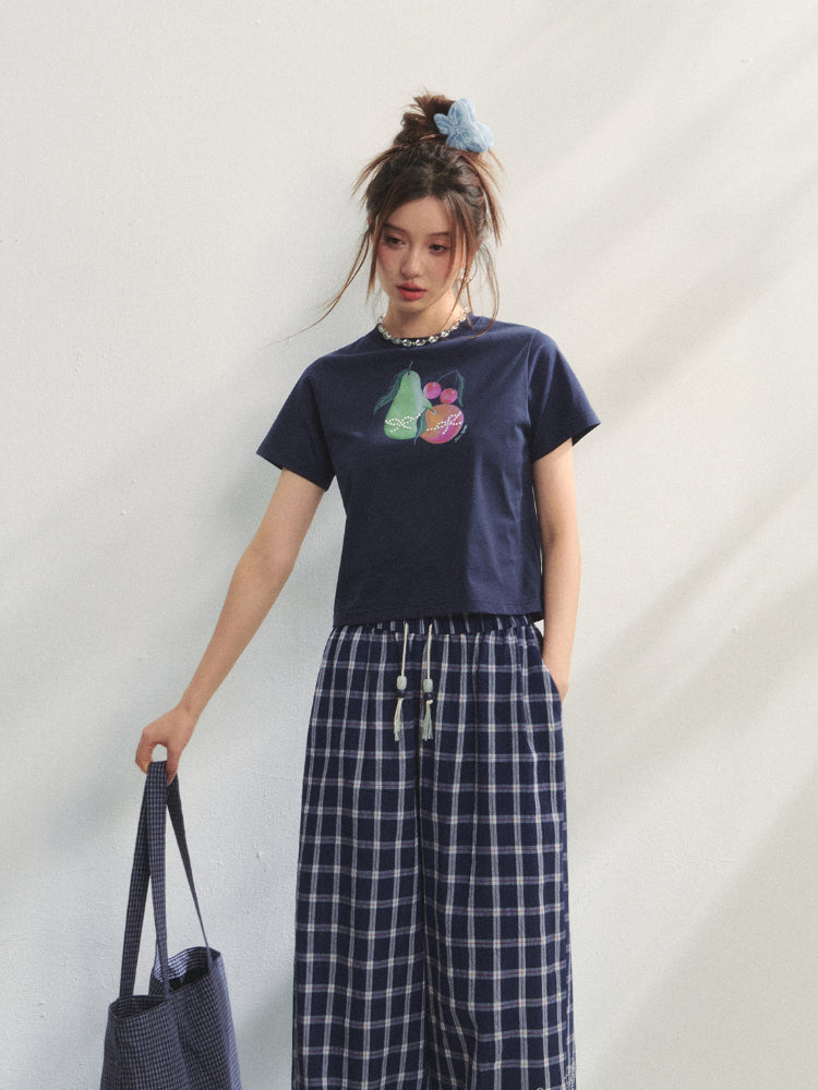 Checkered Strappy Rhinestone Turn-Up Straight-Leg Pants